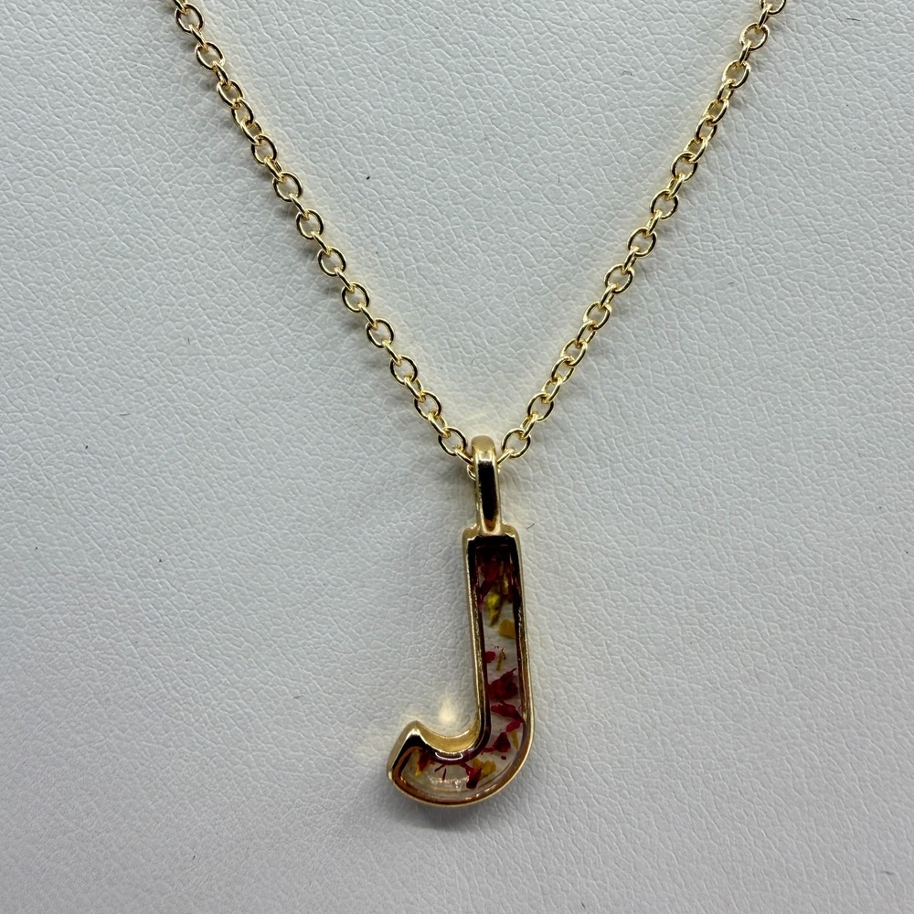Gold Tone Initial J Pendant Necklace Pressed Flower Resin Pendant Boho Jewelry